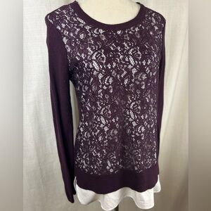 Vera Wang Deep Purple Lace Long Sleeve Top